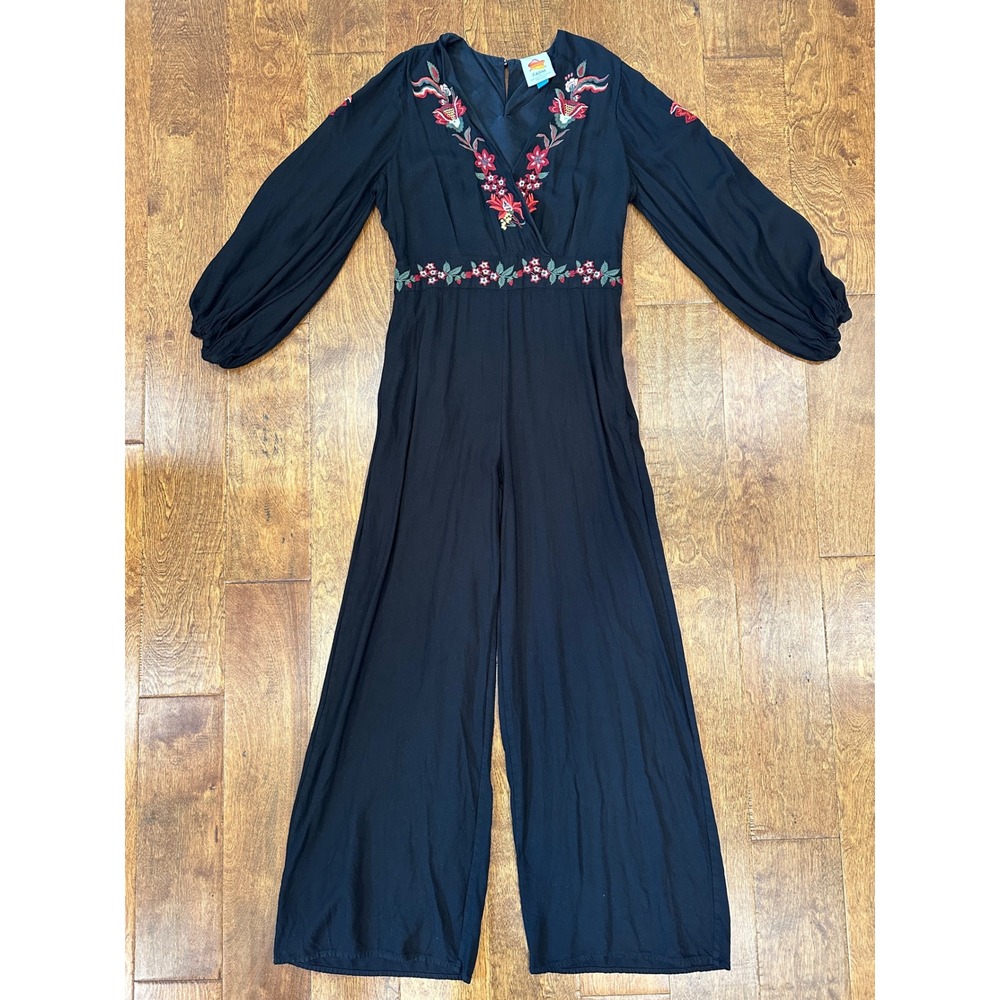 Farm Rio Embroidered Wide‎ Leg Floral Jumpsuit Small Black Floral Anthropologie - Picture 4 of 16